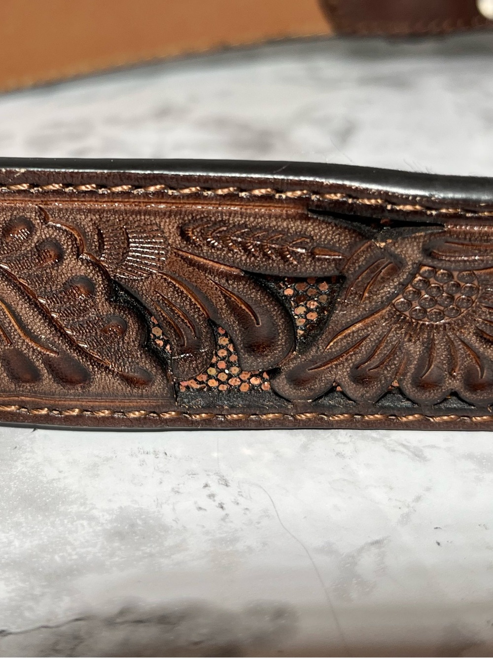 Nocona Brown Tooled Leather Belt with Ornate Silver Buckle - Picture 6 of 12